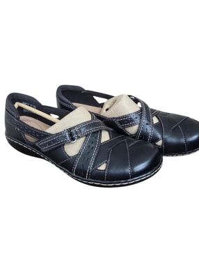 Clarks Ashland Spin Q Shoes Black Leather Loafers Sandals NEW Size 7 Slip-on